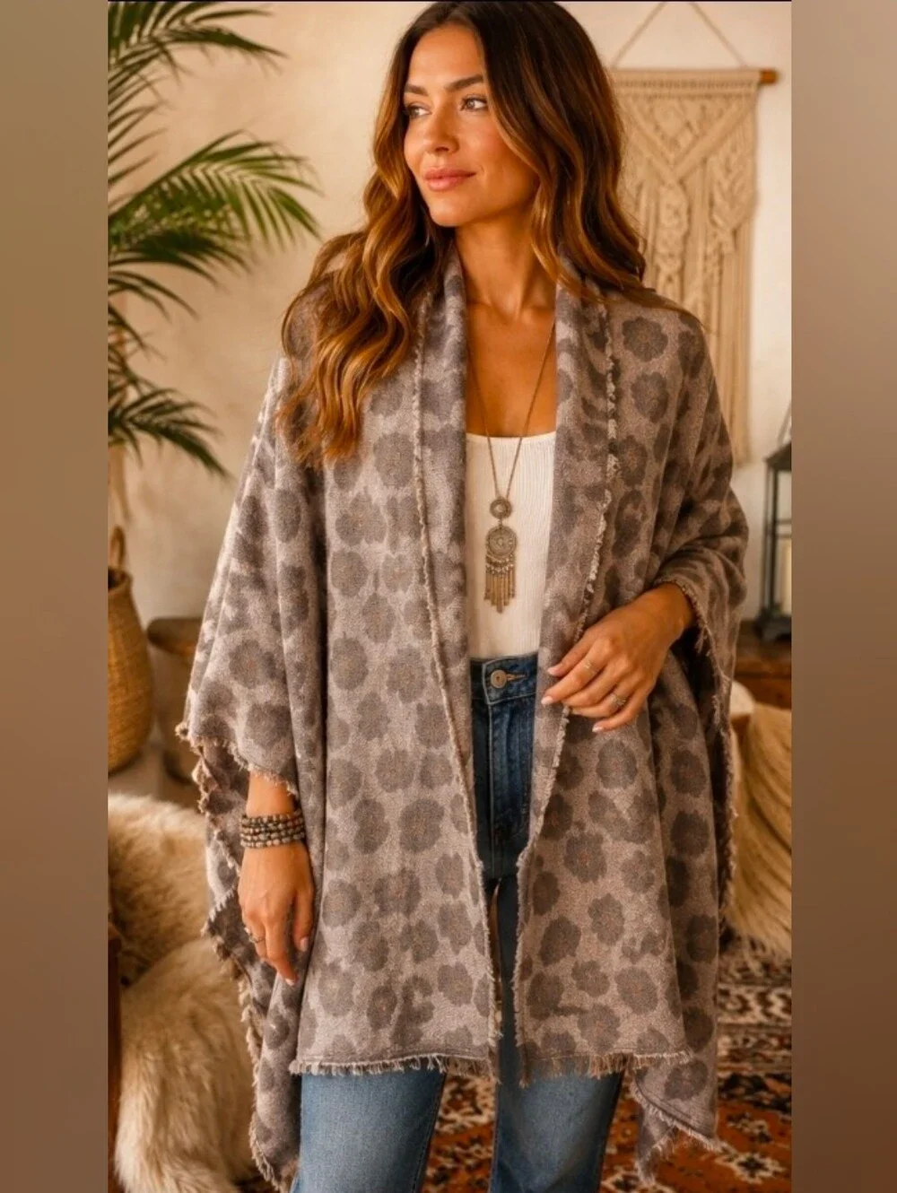 Women’s Taupe Leopard Print Shawl Cape